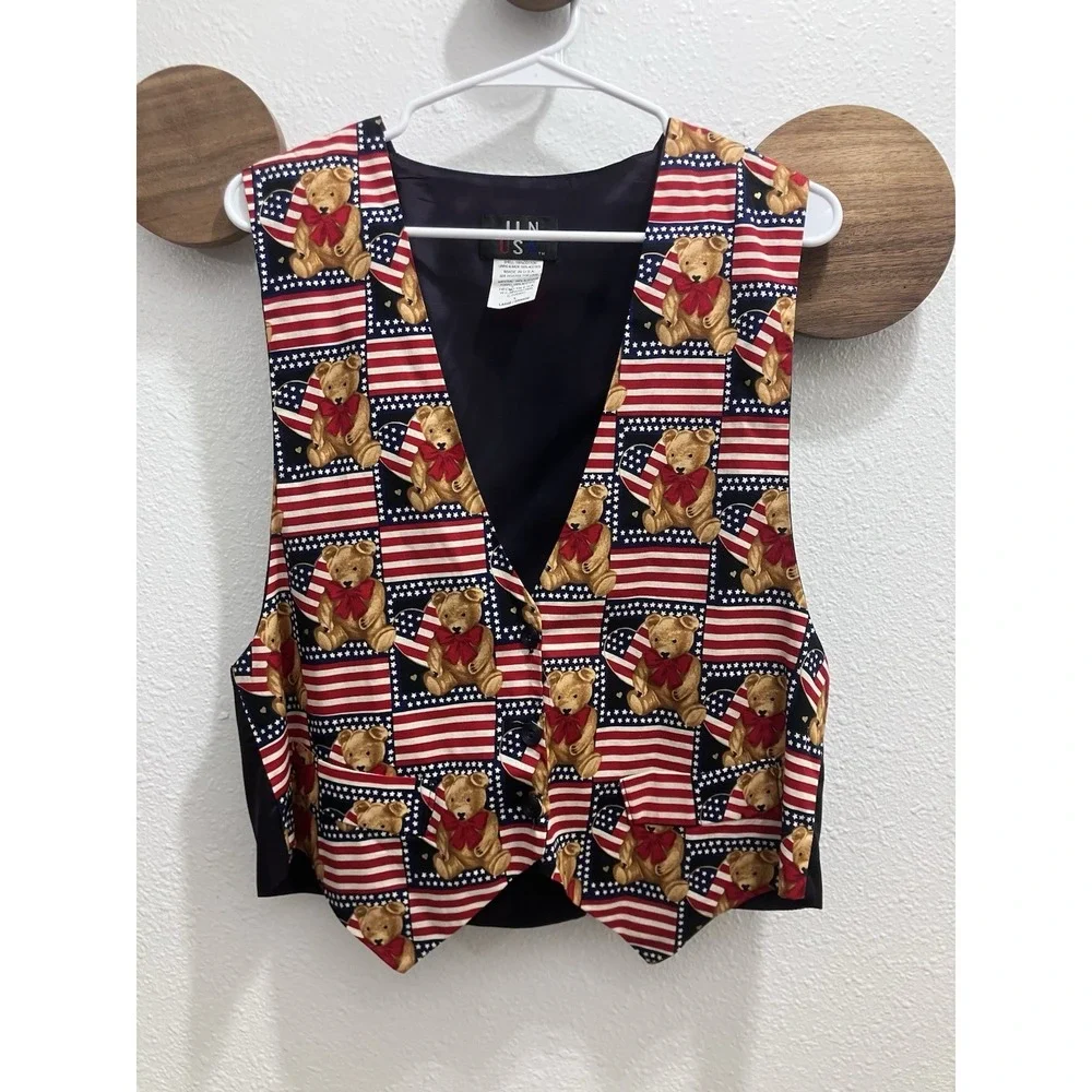Vintage JLN USA Patriotic Teddy Bear Flag Print Vest Large Made in USA - Picture 1 of 10
